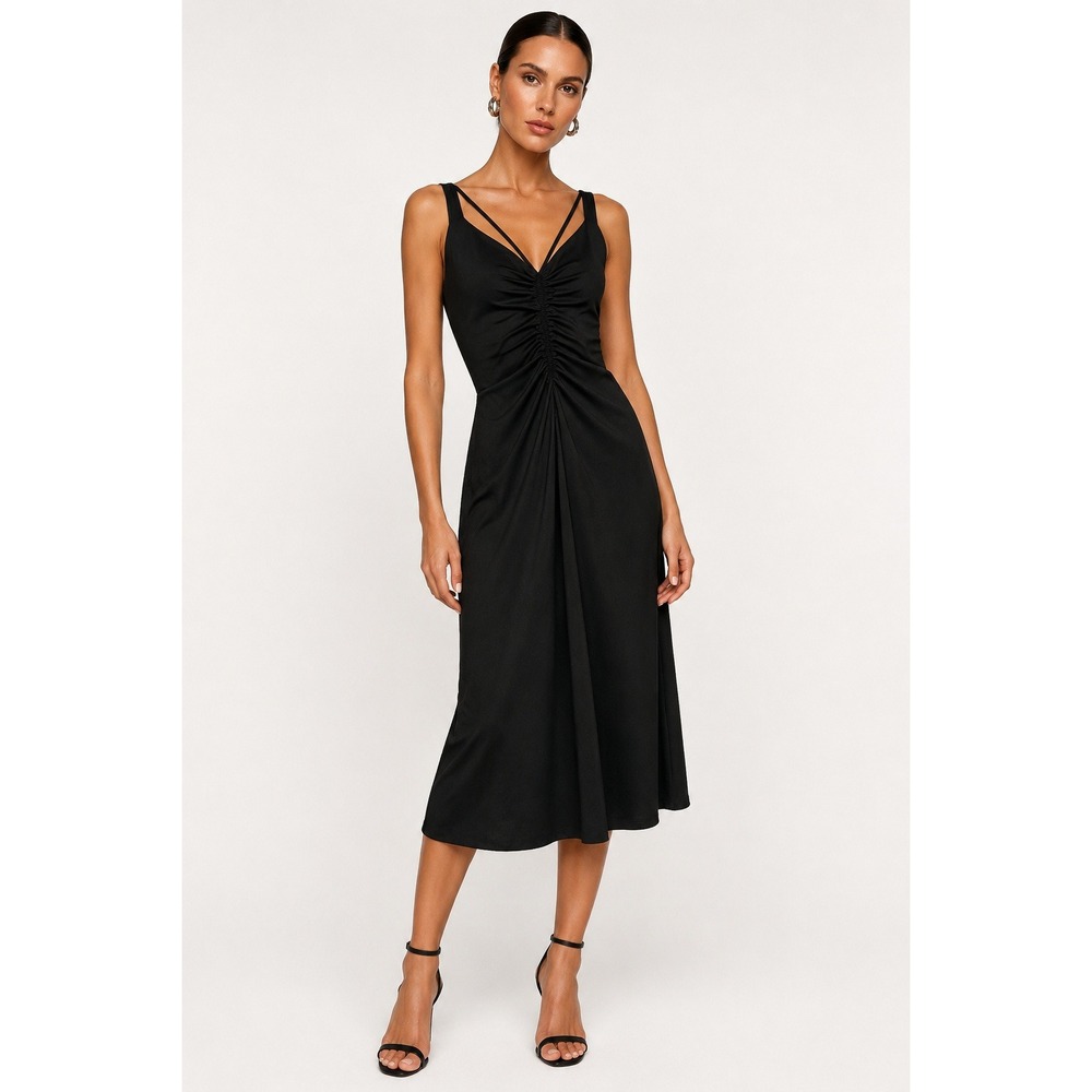 THE COMMONS Black Ruched Midi Dress Double Spaghetti Strap Size S NWT